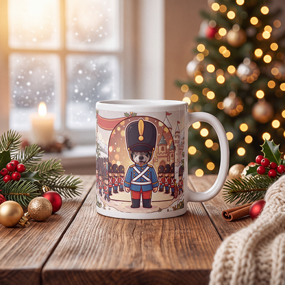 Personalized dog toy soldier mug with a dog's face, on a wooden table with a lit Christmas tree and a frosted window behind