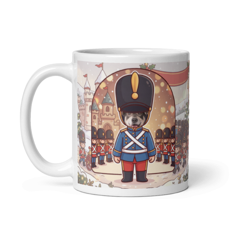 The same dog toy soldier mug with the handle on the left, the dog's face still showing