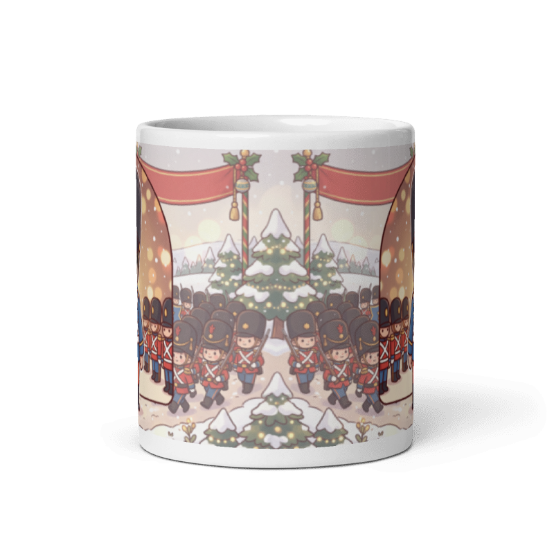 Back of the dog toy soldier mug showing rows of marching toy soldiers and snowy Christmas trees