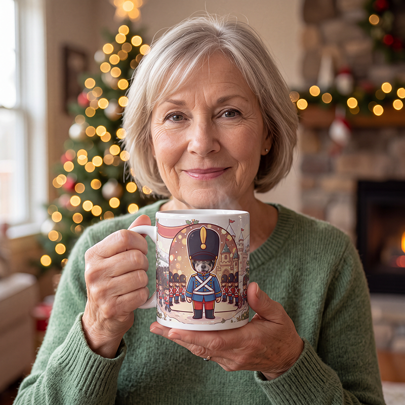 Dog toy soldier photo mug held in both hands to show the size