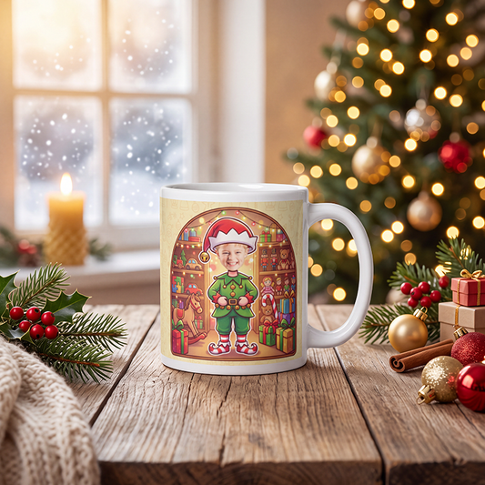 Personalized elf mug on a wooden table with a lit Christmas tree and a frosted window behind