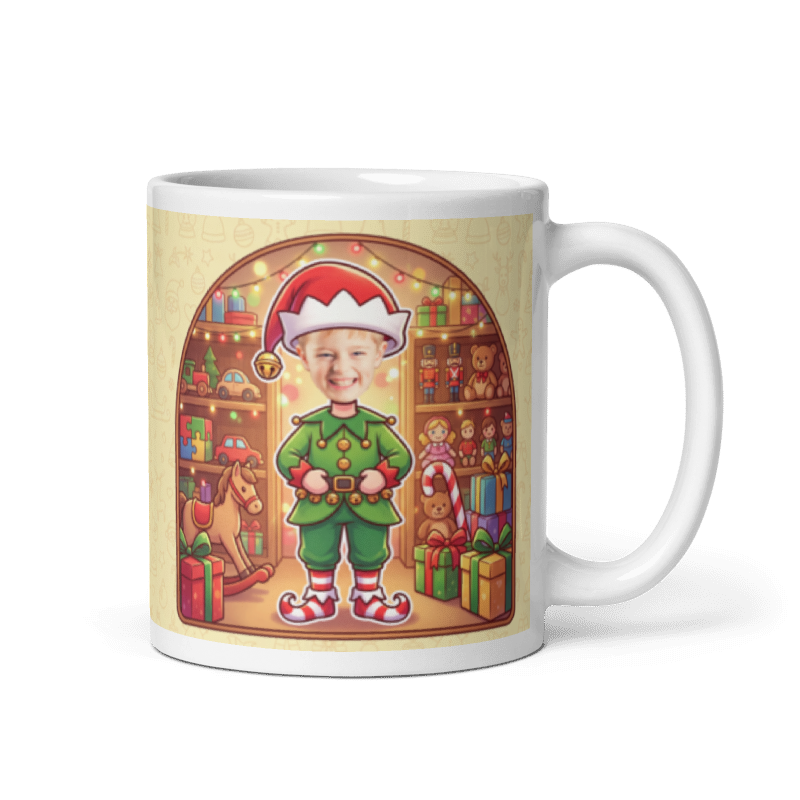 Elf photo mug with the handle on the right, face printed on the front