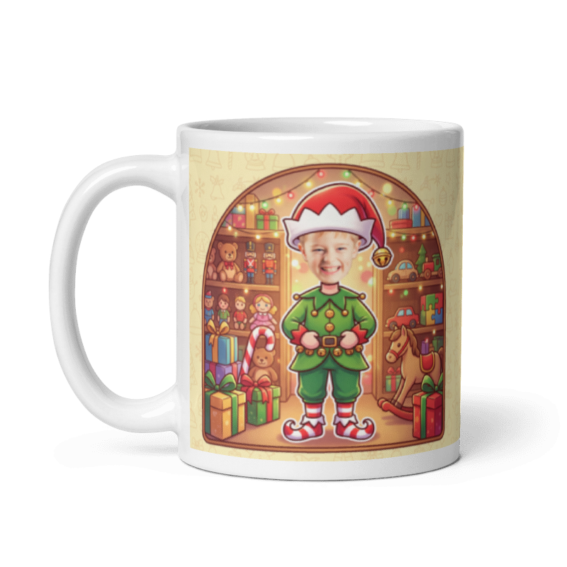 The same elf mug with the handle on the left, face still showing