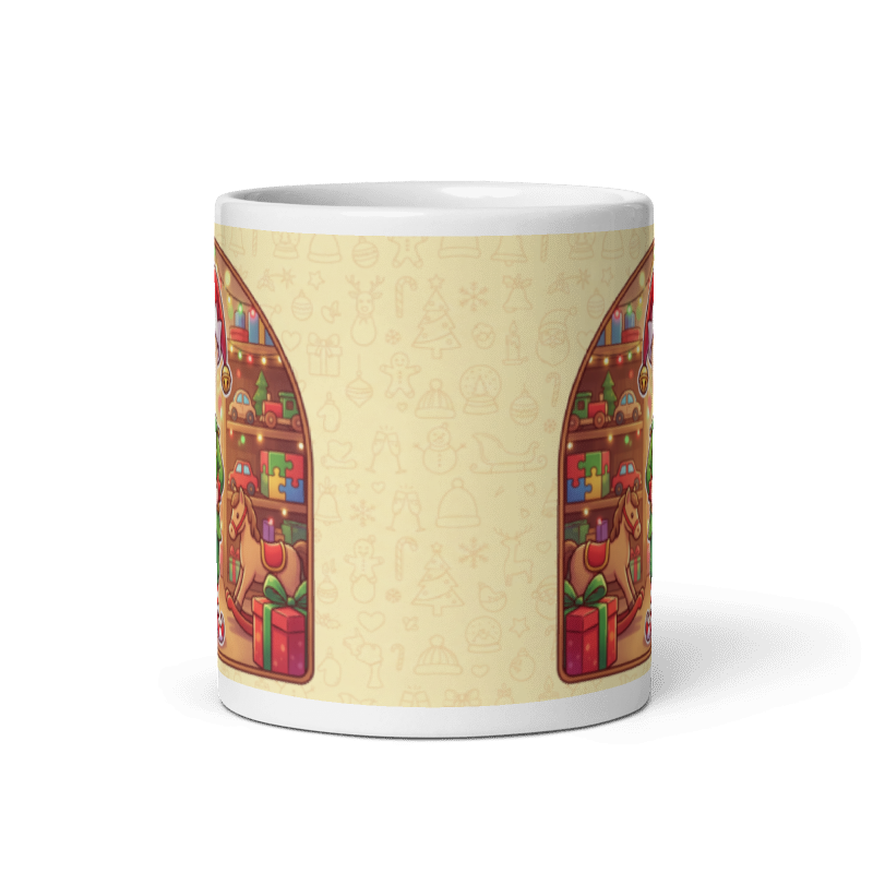 Back of the elf mug showing the wraparound toy workshop scene