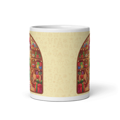 Back of the elf mug showing the wraparound toy workshop scene