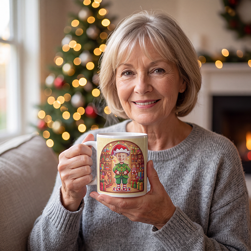 Elf photo mug held in both hands to show the size