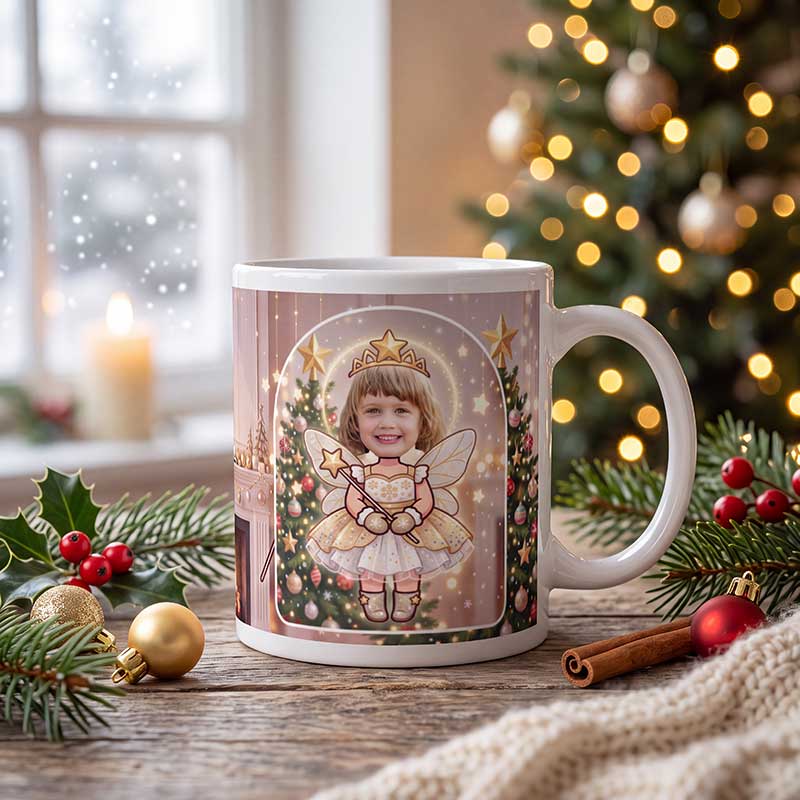 Personalized fairy mug on a wooden table with a lit Christmas tree and a frosted window behind