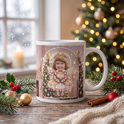 Personalized fairy mug on a wooden table with a lit Christmas tree and a frosted window behind