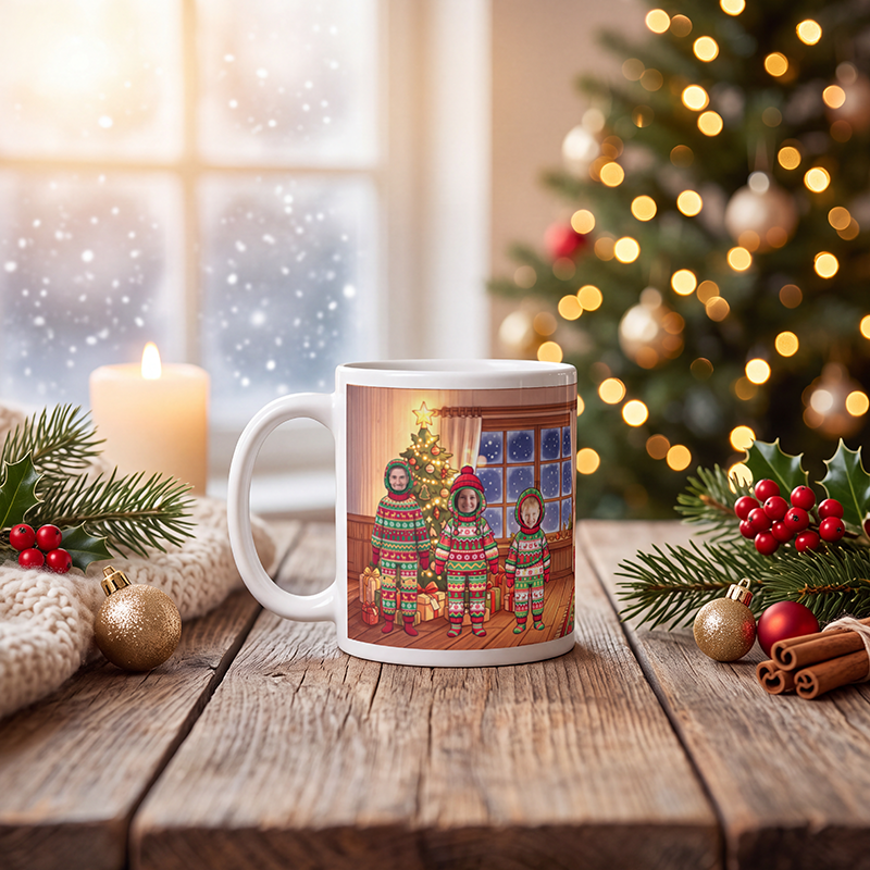 Personalized family mug on a wooden table with a lit Christmas tree and a frosted window behind