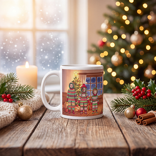Personalized family mug on a wooden table with a lit Christmas tree and a frosted window behind