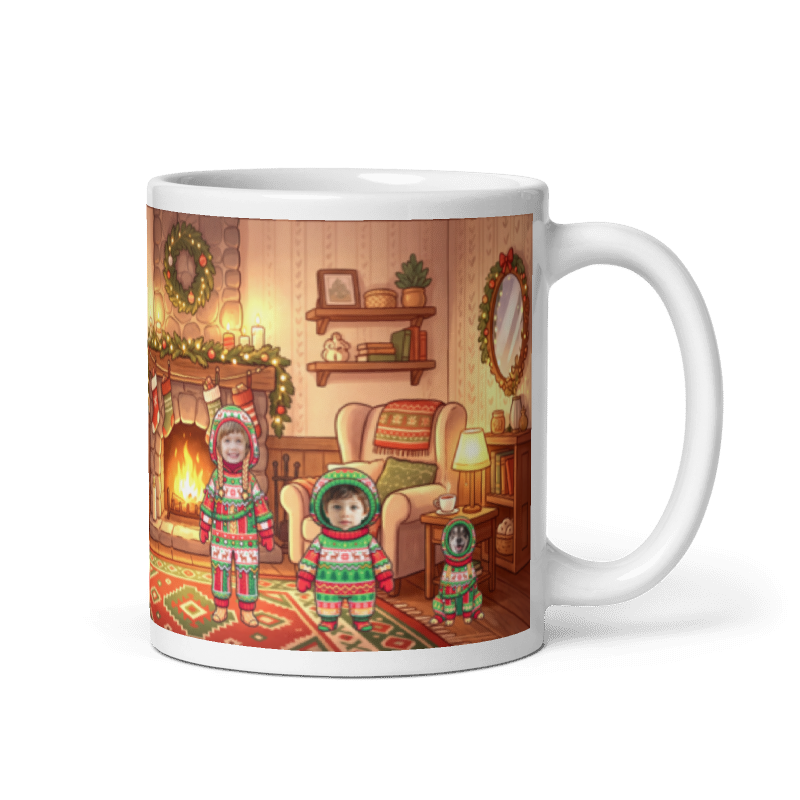 Family photo mug with the handle on the right, the family in matching pyjamas by the fire
