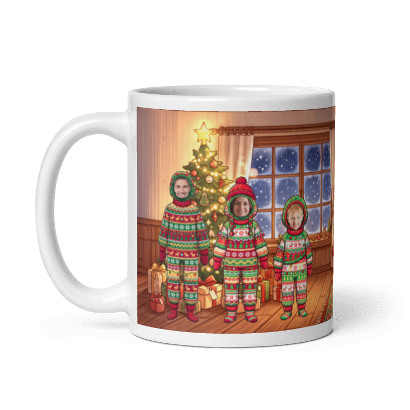 The same family mug with the handle on the left, the faces showing in front of the Christmas tree