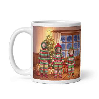 The same family mug with the handle on the left, the faces showing in front of the Christmas tree