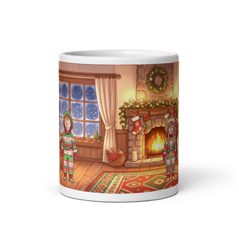 Back of the family mug showing the wraparound Christmas living room scene
