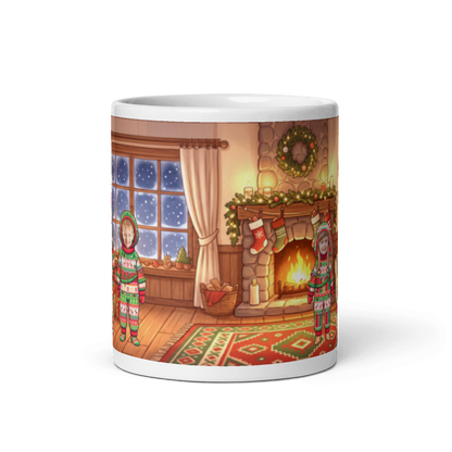 Back of the family mug showing the wraparound Christmas living room scene