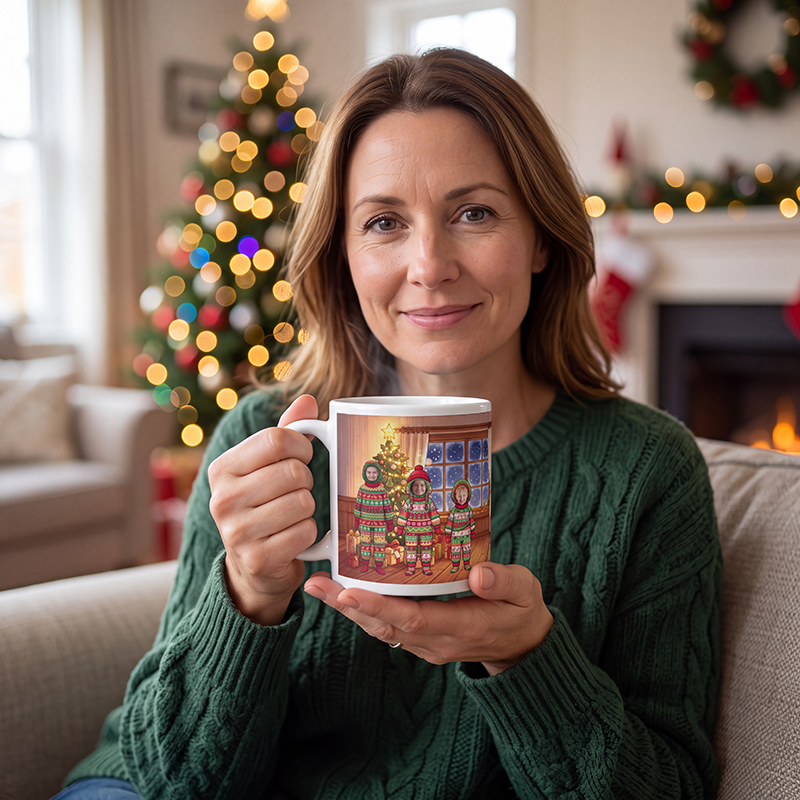 Family photo mug held in both hands to show the size