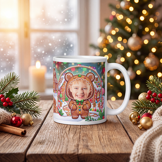 Personalized gingerbread man mug on a wooden table with a lit Christmas tree and a frosted window behind