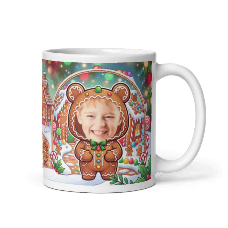 Gingerbread man photo mug with the handle on the right, face printed on the front