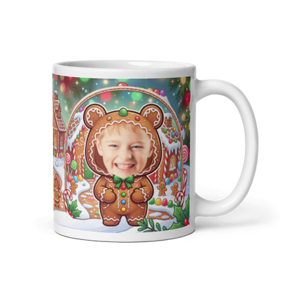 Gingerbread man photo mug with the handle on the right, face printed on the front