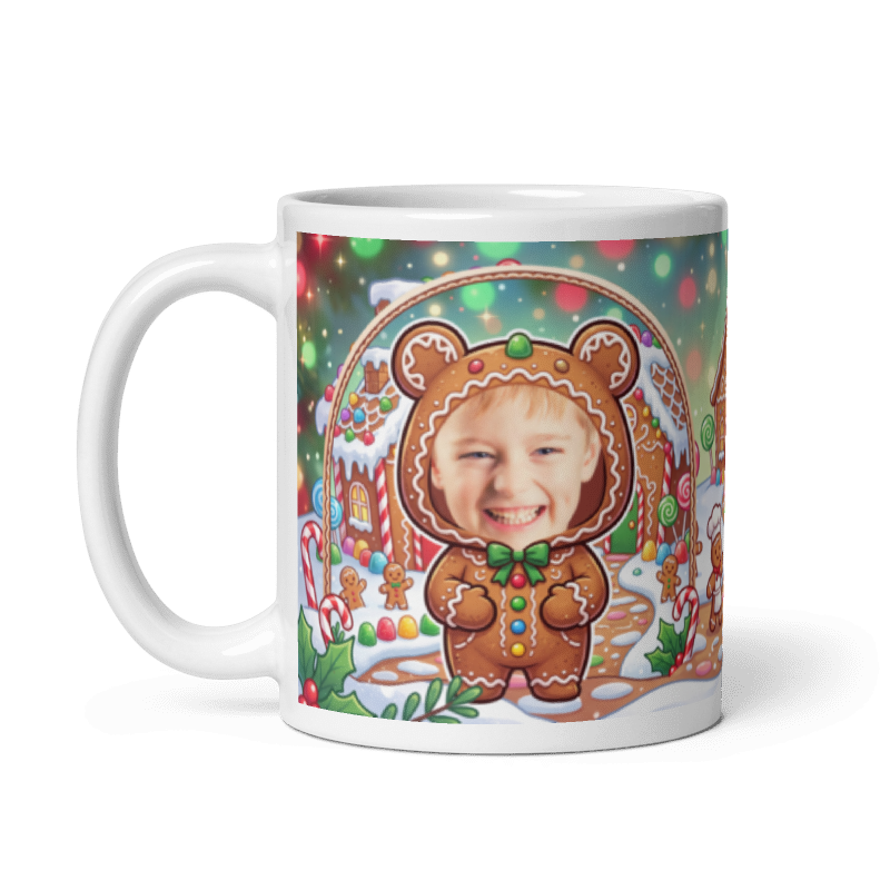 The same gingerbread man mug with the handle on the left, face still showing