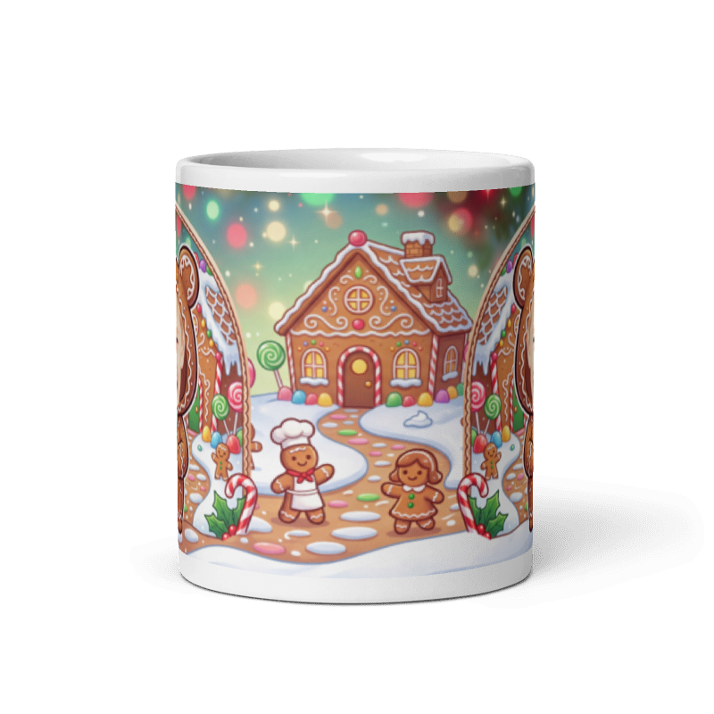 Back of the gingerbread man mug showing the wraparound gingerbread village scene
