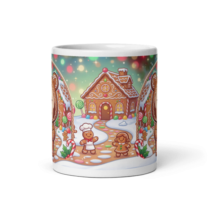 Back of the gingerbread man mug showing the wraparound gingerbread village scene