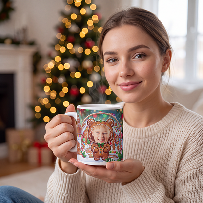 Gingerbread man photo mug held in both hands to show the size