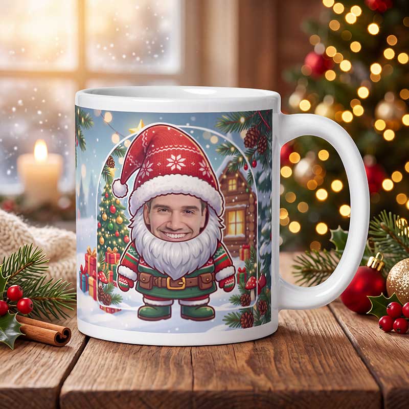 Personalized gnome mug on a wooden table with a lit Christmas tree and a frosted window behind