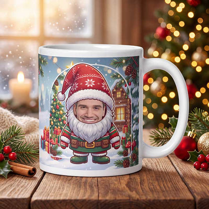 Personalized gnome mug on a wooden table with a lit Christmas tree and a frosted window behind