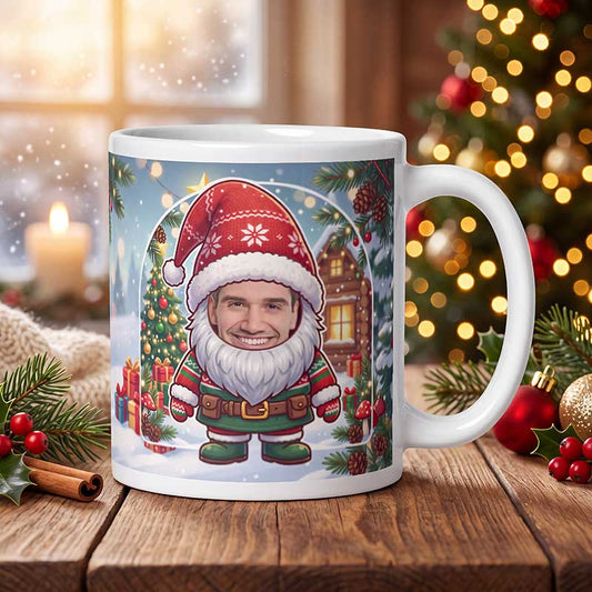 Personalized gnome mug on a wooden table with a lit Christmas tree and a frosted window behind