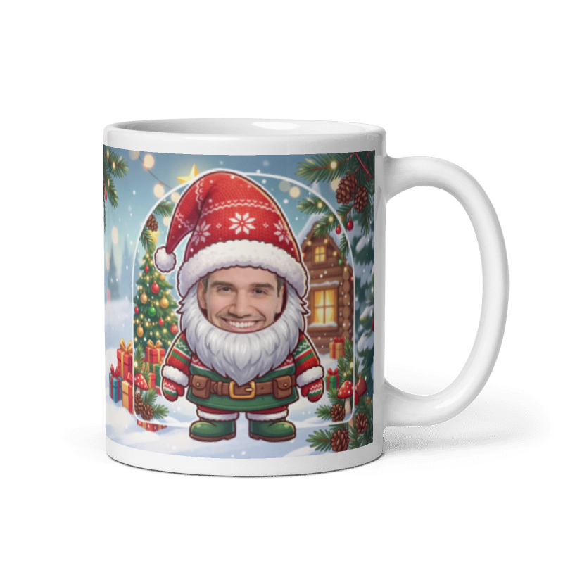 Gnome photo mug with the handle on the right, face printed on the front