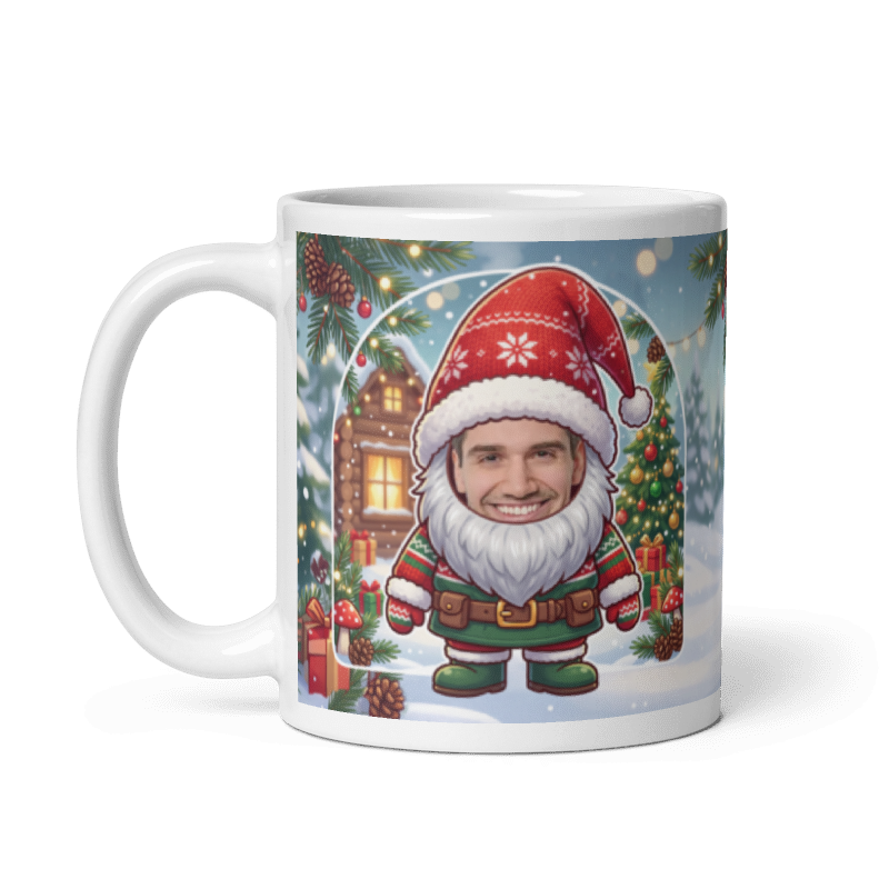 The same gnome mug with the handle on the left, face still showing