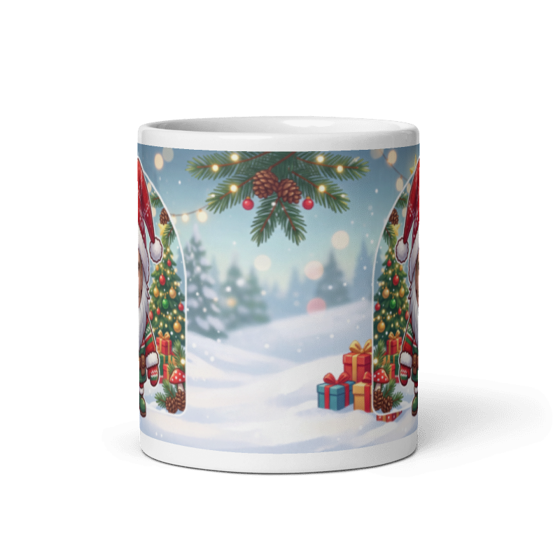 Back of the gnome mug showing the wraparound snowy garden and gifts scene