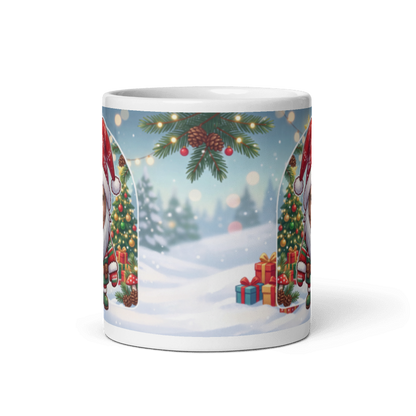 Back of the gnome mug showing the wraparound snowy garden and gifts scene