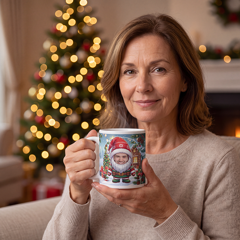 Gnome photo mug held in both hands to show the size