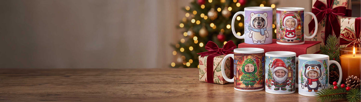 Five Christmas photo mugs with faces printed on them, on a wooden table beside wrapped gifts and a lit tree