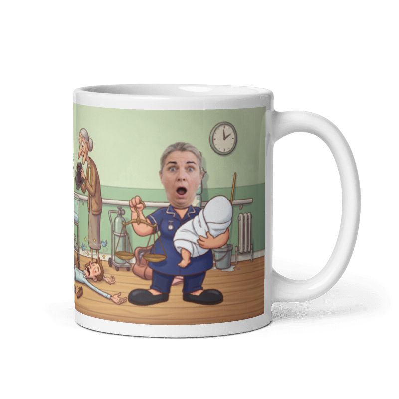Midwife photo mug with the handle on the right, a real face printed on the cartoon midwife weighing a baby on brass scales