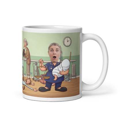 Midwife photo mug with the handle on the right, a real face printed on the cartoon midwife weighing a baby on brass scales