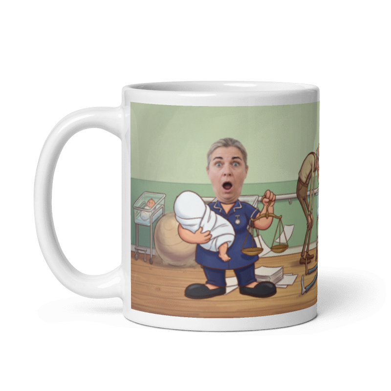 The same midwife mug with the handle on the left, the face still showing on the midwife