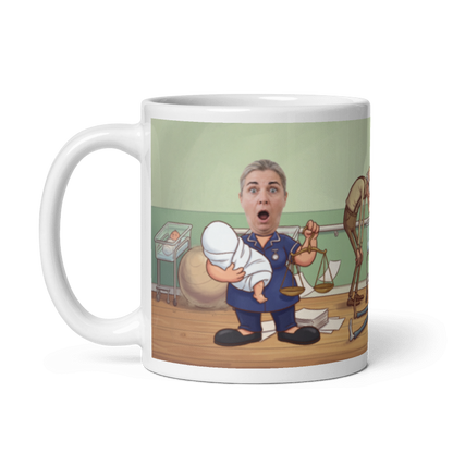 The same midwife mug with the handle on the left, the face still showing on the midwife