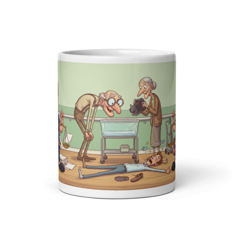 Back of the midwife mug showing the wraparound maternity scene with the grandparents peering into the empty cot