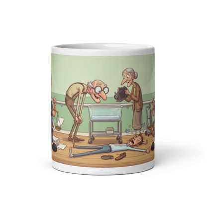 Back of the midwife mug showing the wraparound maternity scene with the grandparents peering into the empty cot