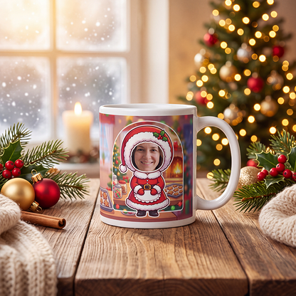 Personalized Mrs Claus mug on a wooden table with a lit Christmas tree and a frosted window behind