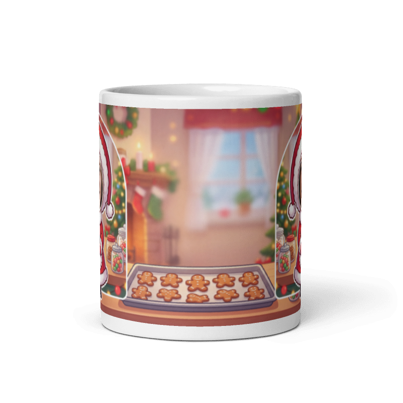 Back of the Mrs Claus mug showing the wraparound Christmas kitchen and gingerbread scene