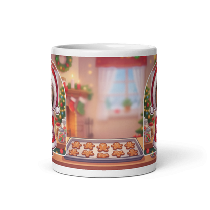 Back of the Mrs Claus mug showing the wraparound Christmas kitchen and gingerbread scene