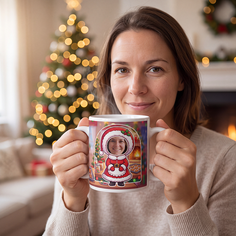 Mrs Claus photo mug held in both hands to show the size