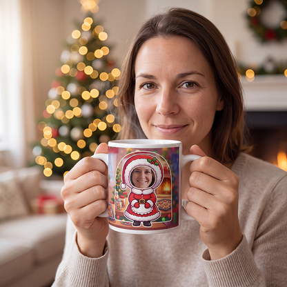 Mrs Claus photo mug held in both hands to show the size