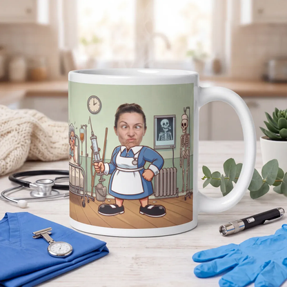 Personalized nurse mug with a real face on the cartoon nurse, on a table with a stethoscope, folded scrubs and a fob watch