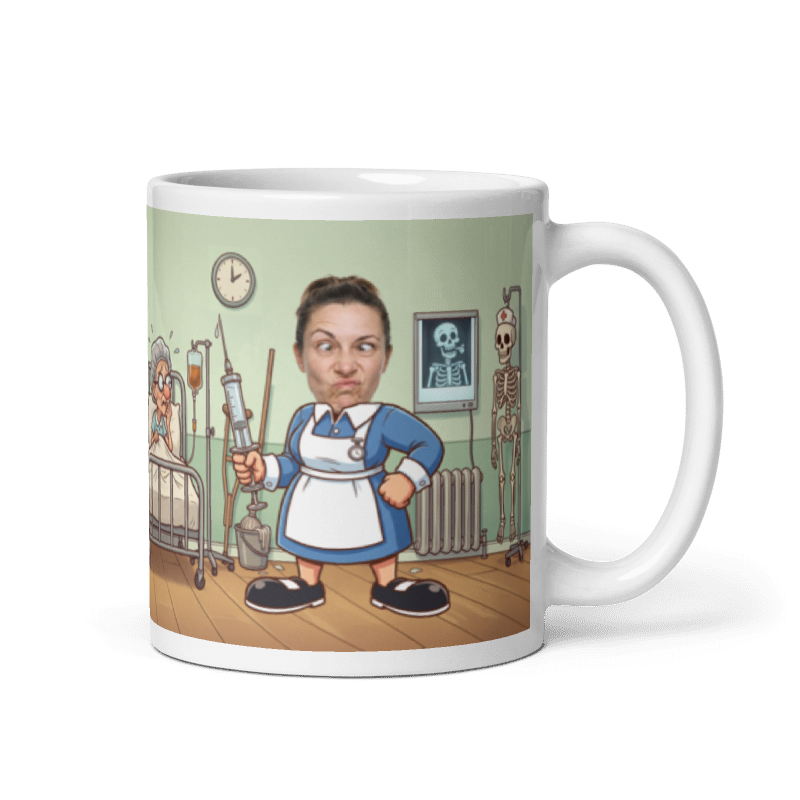 Nurse photo mug with the handle on the right, a real face printed on the cartoon nurse holding a giant syringe