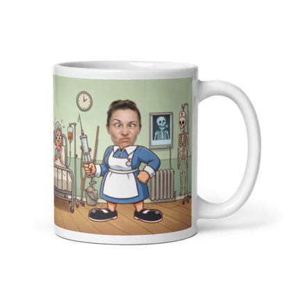 Nurse photo mug with the handle on the right, a real face printed on the cartoon nurse holding a giant syringe